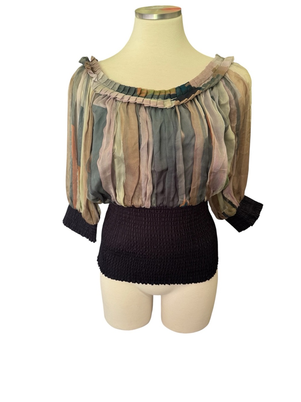 Catherine Malandrino Multi-Color Sheer Pleated Blouson Top